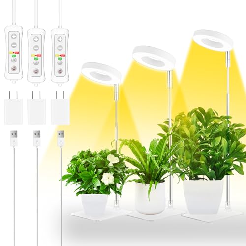 yadoker Halo Plant Grow Light,yadoker LED Growing Light Full Spectrum for Indoor Plants,Height Adjustable, Automatic Timer, 5V Low Safe Voltage,Idea for Small Plants(3 Pack) - color: White with Base, size: 3 Pack