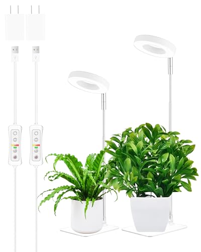 yadoker Halo Plant Grow Light, LED Growing Light Full Spectrum for Indoor Plants,Height Adjustable, Automatic Timer, 5V Low Safe Voltage,Idea for Small Plants - color: White with Base, size: 2 Pack