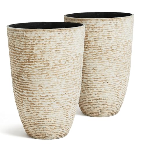 Worth 9 Gallon Tall Round Planters Set of 2-14" Dia x 21" H Stone Finish Flower Pots Indoor Decorative Container Garden Patio Unbreakable Beige - color: Beige